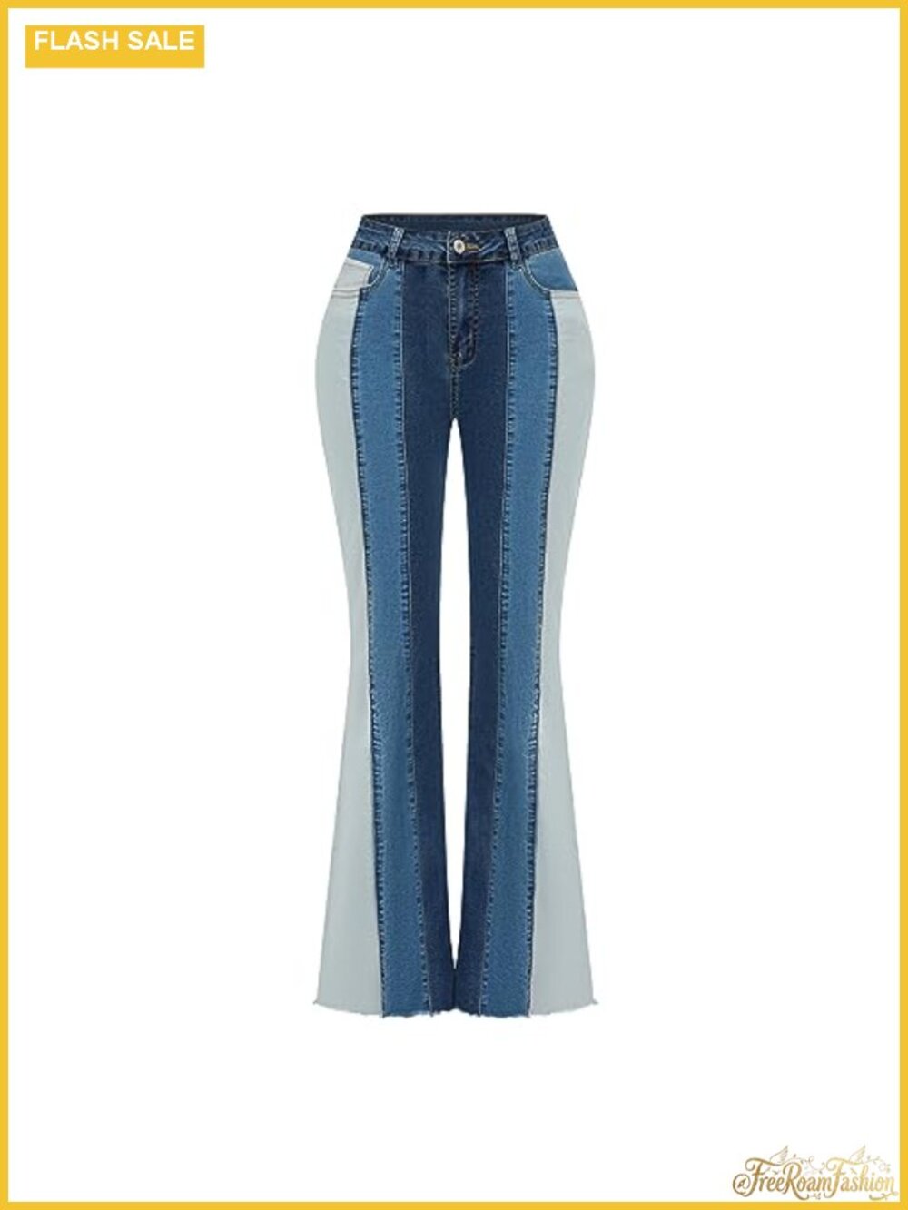 High Waisted Flare Jeans Stretch Bell Bottom Raw Hem Patchwork Denim Pants